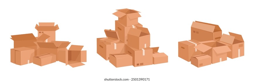 Cajas de cartón dibujadas a mano. Pilas apiladas de las cajas, pila de la caja del almacén de la carga, entrega o conjunto plano de la Ilustración vectorial de los contenedores móviles. Colección de cajas de dibujos animados