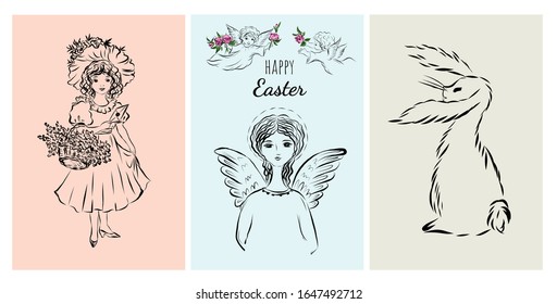 Hand Drawn cards with Easter, angel with wings, girl with a basket of flowers, rabbit, set of vintage design for cards.