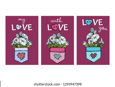 Hand drawn cards with flowers in a patched pocket. Valentines Day illustration.