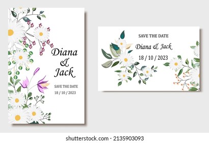 Hand drawn cards with flowers,leaves.Wedding concept. Flower poster.Vector decorative greeting card or invitation background design.