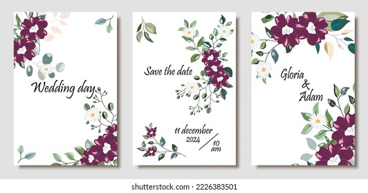 Hand drawn cards with flowers,leaves.Wedding concept. Flower poster.Vector decorative greeting card or invitation background design.