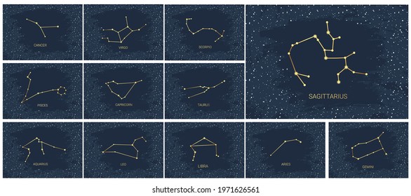 Hand drawn cards of gold constellations celestial space. Zodiac horoscope symbols, stars astrology, astrology signs, icons. Magic set space galaxy collection. Constellation vector sketch illustration