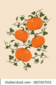 Hand drawn cards with pumpkins, leaves, branches and squiggles. Retro poster with pumpkin. Vector illustration. Trendy autumn background in pastel colors