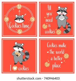 Hand drawn cards with raccoons, cookies and original typography. Funny food posters. 