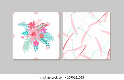 Hand Drawn Cards Set  with Abstract Flowers and Brash Background.Beautiful Blooming Bouquet  Design 