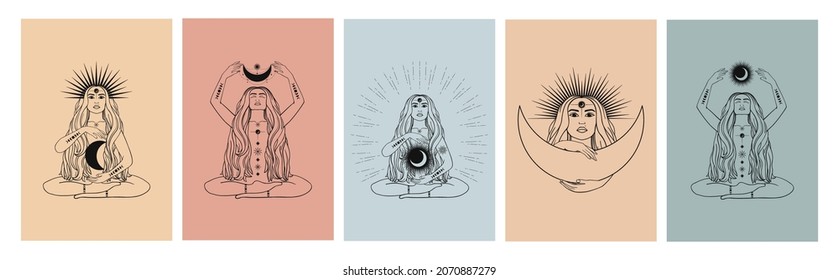 Hand drawn cards of silhouette mystical women with Sun, moon, star in line art. Spiritual abstract young woman. Magic collection, esoteric talisman. Vector sketch set illustration