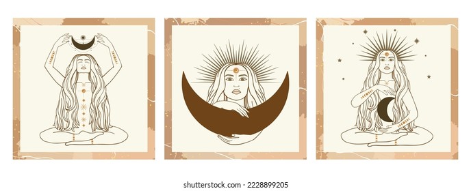 Hand drawn cards of silhouette mystical women with Sun, moon, star in line art. Spiritual abstract young woman, feminine concept. Magic collection, esoteric talisman. Vector sketch set illustration