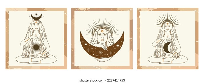 Hand drawn cards of silhouette mystical women with Sun, moon, star in line art. Spiritual abstract young woman, feminine concept. Magic collection, esoteric talisman. Vector sketch set illustration