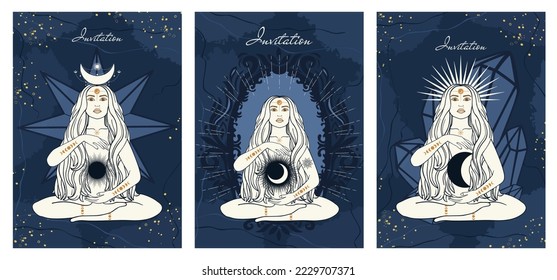 Hand drawn cards of silhouette mystical women with Sun, moon, star in line art. Spiritual abstract young woman, feminine concept. Magic collection, esoteric talisman. Vector sketch set illustration