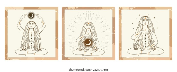 Hand drawn cards of silhouette mystical women with Sun, moon, star in line art. Spiritual abstract young woman, feminine concept. Magic collection, esoteric talisman. Vector sketch set illustration