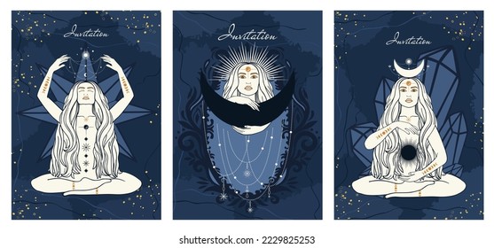 Hand drawn cards of silhouette mystical women with Sun, moon, star in line art. Spiritual abstract young woman, feminine concept. Magic collection, esoteric talisman. Vector sketch set illustration