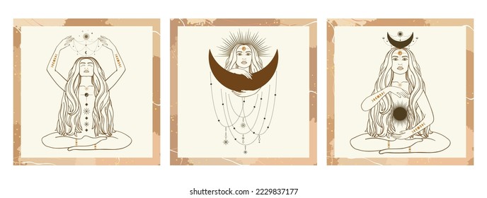 Hand drawn cards of silhouette mystical women with Sun, moon, star in line art. Spiritual abstract young woman, feminine concept. Magic collection, esoteric talisman. Vector sketch set illustration