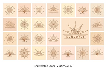 Handgezeichnete Karten von Sonne, Sonnenaufgang, Lichtstrahlen in Linie Kunst. Böhmisches Symbol, das Sonnenstrahlen zerplatzt. Magische Vintage-Kollektion, antiker Stil, Boho, Tattoo, Emblem, Logo. ​ auf Beige