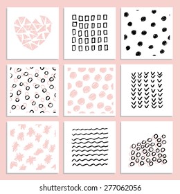 Hand drawn cards templates. 4 seamless patterns included. Made with marker. 
