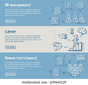 Hand Drawn Career Development Horizontal Banners With Human Resources Search Planning And Management Elements Vector Illustration