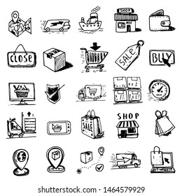 Hand Drawn cargo icons doodles set. Sketch style icons. Decoration element. Isolated on white background. Flat design. Vector illustration.