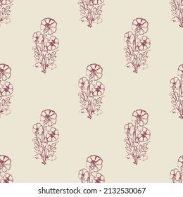 Hand drawn carnations in faded burgundy on a cream background. Seamless repeat vector pattern. Country cottage style. Great for textiles, giftwrap, wallpaper.