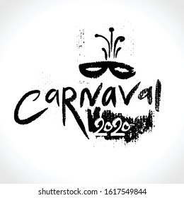 Hand drawn Carnaval 2020 logo in spanish translates to Carnival 2020. Black vector pattern isolated on white.