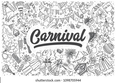 Hand drawn carnival doodle set. Lettering - Carnival