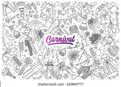 Hand drawn Carnival doodle set background with purple lettering in vector