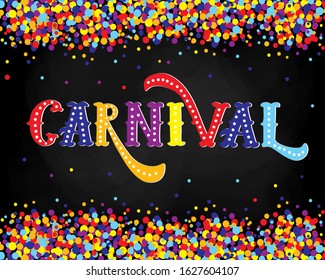 Hand drawn Carnival Lettering. Design for masquerade poster card, invitation, logotype, badge, icon. Vector illustration.