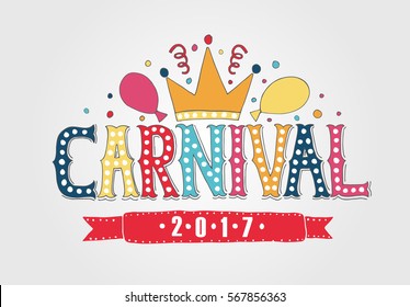 Hand drawn Carnival Lettering logotype, badge, icon.  Party, masquerade poster card, invitation. Feast vector lettering typography. Celebration calligraphy. Banner on textured background. 