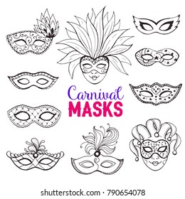 Hand drawn carnival masks collection in line art style. Masqeurade mask sketches for decorating festive invitations, banners, greeting cards.