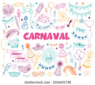 Hand drawn carnival objects set isolated on white background. Masqeurade design elements collection in line art style. Doodle carnival masks, feathers, firecrackers. Mardi grass traditional symbols.