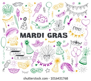 Hand drawn carnival objects set isolated on white background. Masqeurade design elements collection in line art style. Doodle carnival masks, feathers, firecrackers. Mardi grass traditional symbols.