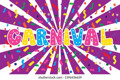 Hand drawn Carnival on white-violet background with colorful confetti. Lettering logotype, badge, icon. Party, masquerade poster card, invitation. Vector lettering. Celebration calligraphy banner. 