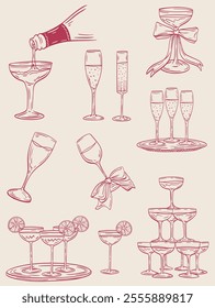 Hand drawn carnival, retro vintage new year drawing in doodle line art print style, christmas poster,greeting card, wine or champagne cheers.