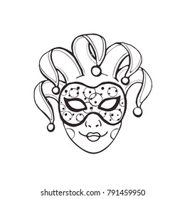 Hand drawn carnival vector mask in line art style isolated on white background. Masqeurade mask sketches for decorating festive invitations, banners, greeting cards.