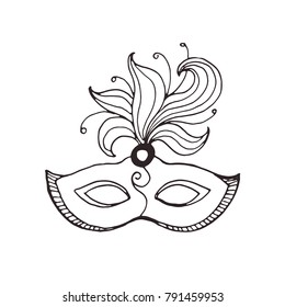 Hand drawn carnival vector mask in line art style isolated on white background. Masqeurade mask sketches for decorating festive invitations, banners, greeting cards.