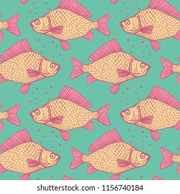 Hand drawn carp fish seamless pattern.