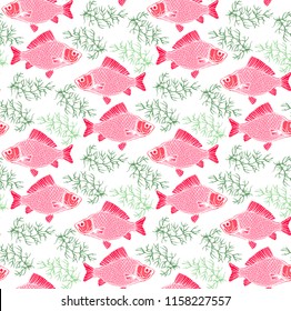 Hand drawn carp fish seamless pattern.