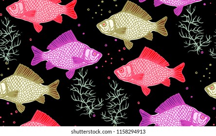 Hand drawn carp fish seamless pattern. 