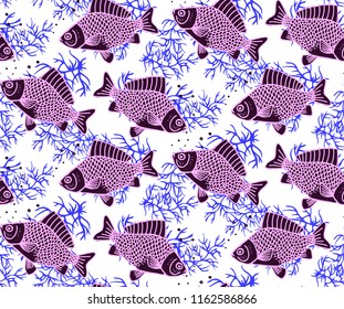 Hand drawn carp fish seamless pattern.