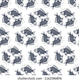 Hand drawn carp fish seamless pattern.