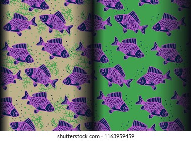 Hand Drawn Carp Fish Seamless Pattern.
One Pattern, And Two Different Colors Of Background.