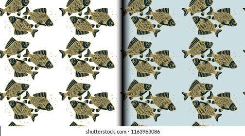 Hand Drawn Carp Fish Seamless Pattern.
One Pattern, And Two Different Colors Of Background.