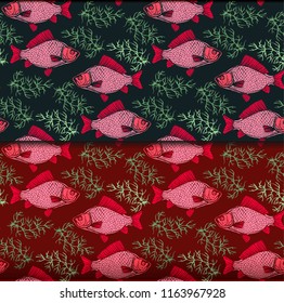 Hand drawn carp fish seamless pattern.
One pattern, and two different colors of background.