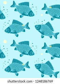 Hand drawn carp fish seamless pattern.
