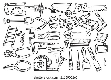 Hand drawn carpentry tool illustration collection of saw, hammer, drill, scissors etc