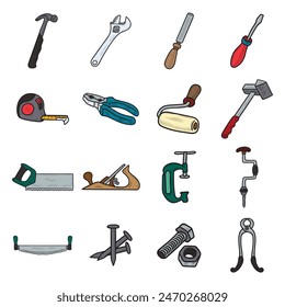 Hand Drawn Carpentry Tools Colored Set