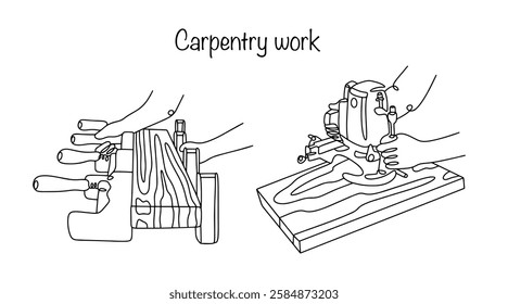 Hand drawn carpentry work. The craftsman clamps the wooden beams in a vice and also sands the surface of the wood. Isolated vector for different uses.