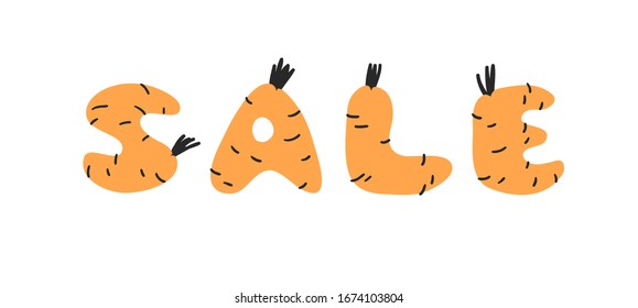 Hand drawn Carrot ABC and word SALE. Cartoon vector illustration veggies font.  Flat drawing vegetarian food. Actual Creative Vegan art work