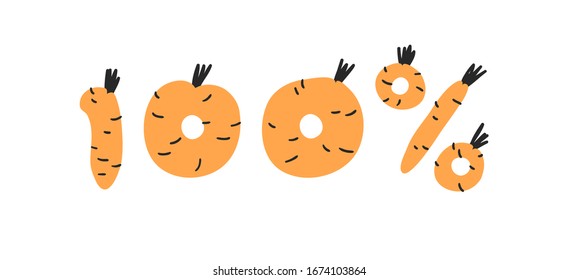 Hand drawn Carrot ABC and word 100%. Cartoon vector illustration veggies font.  Flat drawing vegetarian food. Actual Creative Vegan art work