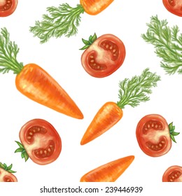 Hand drawn carrot ant tomato seamless pattern. Tracing vector illustration, eps10. 