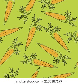 Hand drawn carrot pattern. Seamless backgrounds, textures, wallpapers. Bright decor. Vector illustration on a green background.	