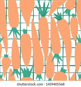 Hand drawn carrot seamless pattern on stripes background. Doodle carrots wallpaper. Design for fabric, textile print, wrapping paper, children textile. Vector illustration